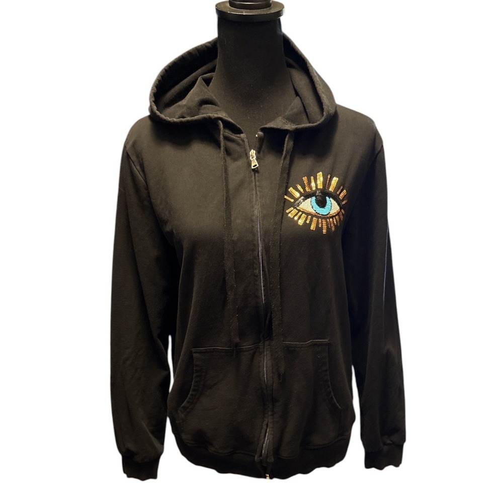 Vinizbena Black Full-Zip Sequined Evil Eye Hoodie, Large, Designed in Italy - Picture 2 of 8